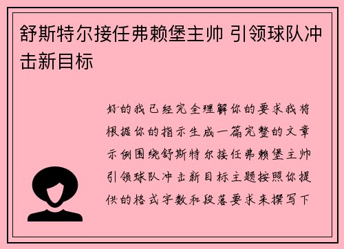 舒斯特尔接任弗赖堡主帅 引领球队冲击新目标